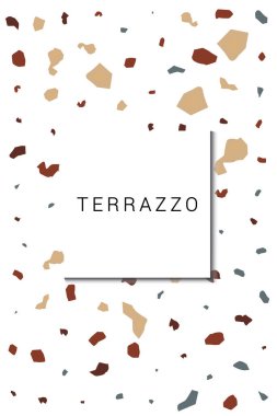 Değiştirilmiş Terrazzo Duvar Vektörü Beyaz Arkaplan. Mozaik Seramik Döşeme Çizimi. Kahverengi ve Bej Mermer Kartpostal.