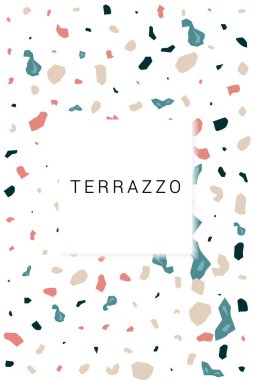 Mavi ve Bej Terrazzo Taşı Vektör Beyaz Arkaplan. Granit Terrazzo Wall Banner. Deniz ve Şeftali Venedik Kartı.