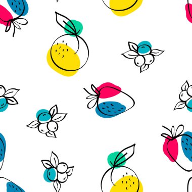 Yeşil ve Fuchsia Meyve Vektörü Beyaz Kusursuz Desen. Şirin Elma ve Şeftali Arkaplan. Renkli Turuncu ve Böğürtlen Çizim Yazdırma.