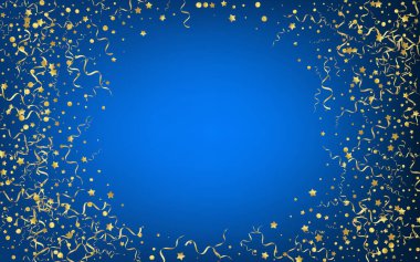 Altın Yılan Düşen Vektör Mavi Arkaplan. Uçan Konfeti Posteri. Spiral Girdap Şubesi. Altın Parti Fabrikası.