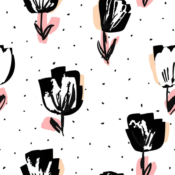 Schwarz Und Rosa Pfingstrose Zeichnung Vector Seamless Pattern Rose Textile — Stockfoto