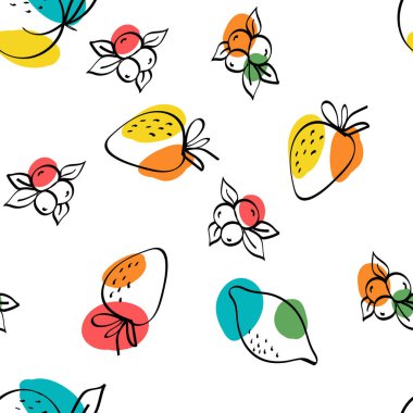 Parlak kayısı ve Kireç Vektörü Beyaz Kusursuz Desen. Elma ve Şeftali Duvar Kağıdı çiziyorum. Yeşil ve Fuchsia Citrus ve Yabanmersini Tasarımı.