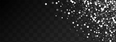 Gri Yıldızlar Vektör Panoramik Şeffaf Arkaplan. Beyaz Noktalı Kartpostal. Zarif Kar Kartı. Chrismas Kar Tanesi Deseni.
