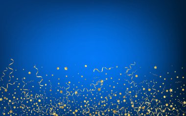 Sarı Sarmal Kağıt Vektör Mavi Arkaplan. Noel Konfeti İllüstrasyonu. Kurdele Dekorasyon Tasarımı. Altın Parlak Bitki.