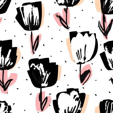 Siyah ve Pembe Çiçek Çekim Vektörü Kusursuz Desen. Lotus Tekstil Arkaplanı. Kumaş İşaretleyici Şablonu. Gül Yaz Duvar Kağıdı.