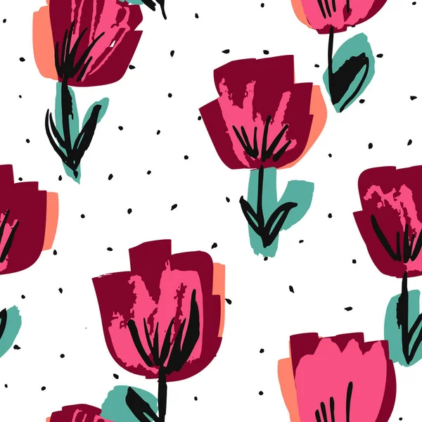 Burgund Und Rosa Tulpe Gezeichnet Vector Seamless Pattern Blossom Textile — Stockfoto