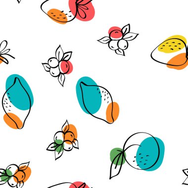 Parlak Turuncu ve Böğürtlen Vektörü Beyaz Kusursuz Desen. Sketch Apple ve Peach Design. Pembe ve Sarı Meyve Yaz Arkaplanı.