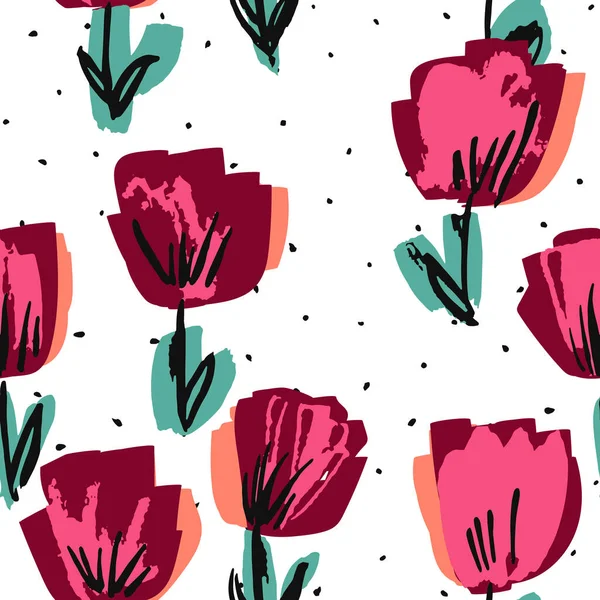 Burgundy Pink Rose Felt Pen Vector Seamless Pattern Lotus Spring — Foto de Stock