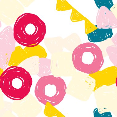 Sarı ve Turuncu Çizgi Film Vektörü Kusursuz Desen. Renkli Parlak Çember dokusu. Motley Kübizm Sanatı. Geo Yuvarlak Arkaplan.