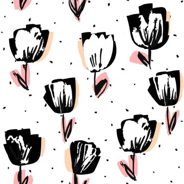 Siyah ve Pembe Gül Çizim Yöntemi Kusursuz. Blossom Garden Şablonu. Summer Keçeli Kalem İllüstrasyonu. Şakayık Düğün Duvar Kağıdı.