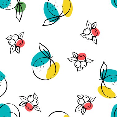 Yeşil ve Fuchsia Meyve Vektörü Beyaz Kusursuz Desen. Şirin kayısı ve limonata. Renkli Citrus ve Yabanmersini Çizim Tasarımı.