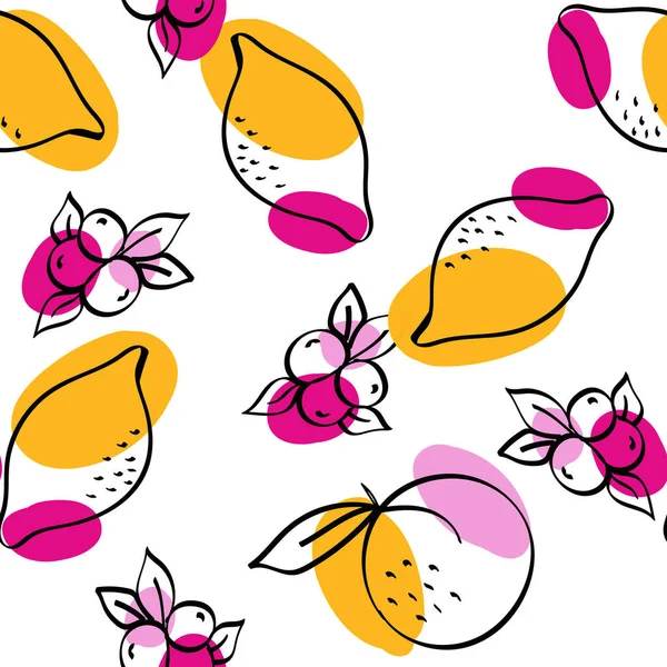 Gelbe Und Rosa Zitrusfrüchte Und Blueberry Vector White Seamless Pattern — Stockvektor