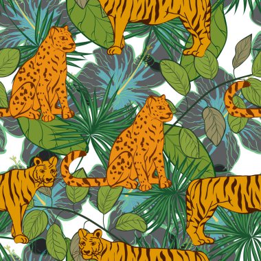 Çizgi film Jaguar ve Avuç içi Vektörü Kusursuz Desen. Moda Kaplanı ve Yaprak Arkaplanı. Çiçek baskısı. Leopar ve Yaprak Motley Vahşi Resimler.