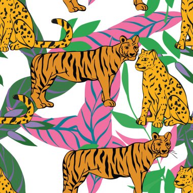 Parlak Jaguar ve Avuç içi Vektörü Kusursuz Desen. Summer Tiger ve Leaves Print. Duvar kağıdı illüstrasyonu. Leopar ve Yaprak Motley Orman Arkaplanı.