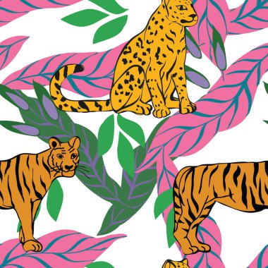 Motley Jaguar ve Palm Vector Kusursuz Desen. Kumaş Çita Çizimi. Duvar kağıdı arka plan. Leopar ve Yaprak Çizgi Filmi Çiçek Yazısı.