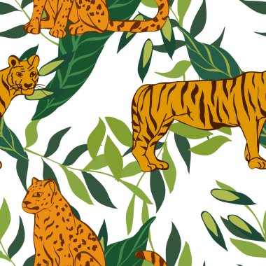 Motley Çita Vektör Kusursuz Desen. Duvar kağıdı kaplan ve iz bırakır. Soyut arkaplan. Jaguar ve Palm Parlak Afrika Resimleri.