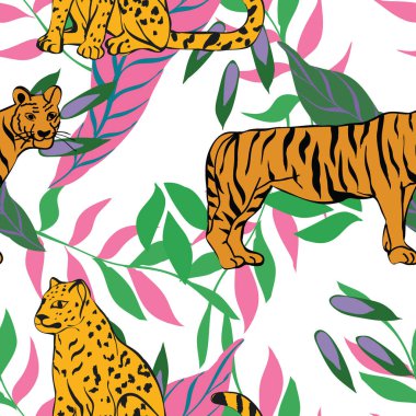 Çizgi film Jaguar ve Avuç içi Vektörü Kusursuz Desen. Afrika Leoparı ve Yaprak Geçmişi. Soyut Yazdırma. Tiger and Leaves Bright Wild Illustration.