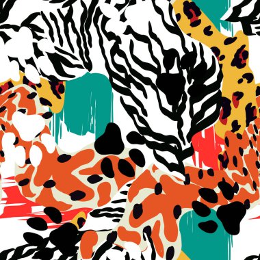 Renkli Zebra Hayvan Derisi Vektörü Kusursuz Şablon. Orman Aslanı İllüstrasyonu. Parlak Savanna Leopar Tasarımı. Etnik Kedi Moda Duvar Kağıdı.