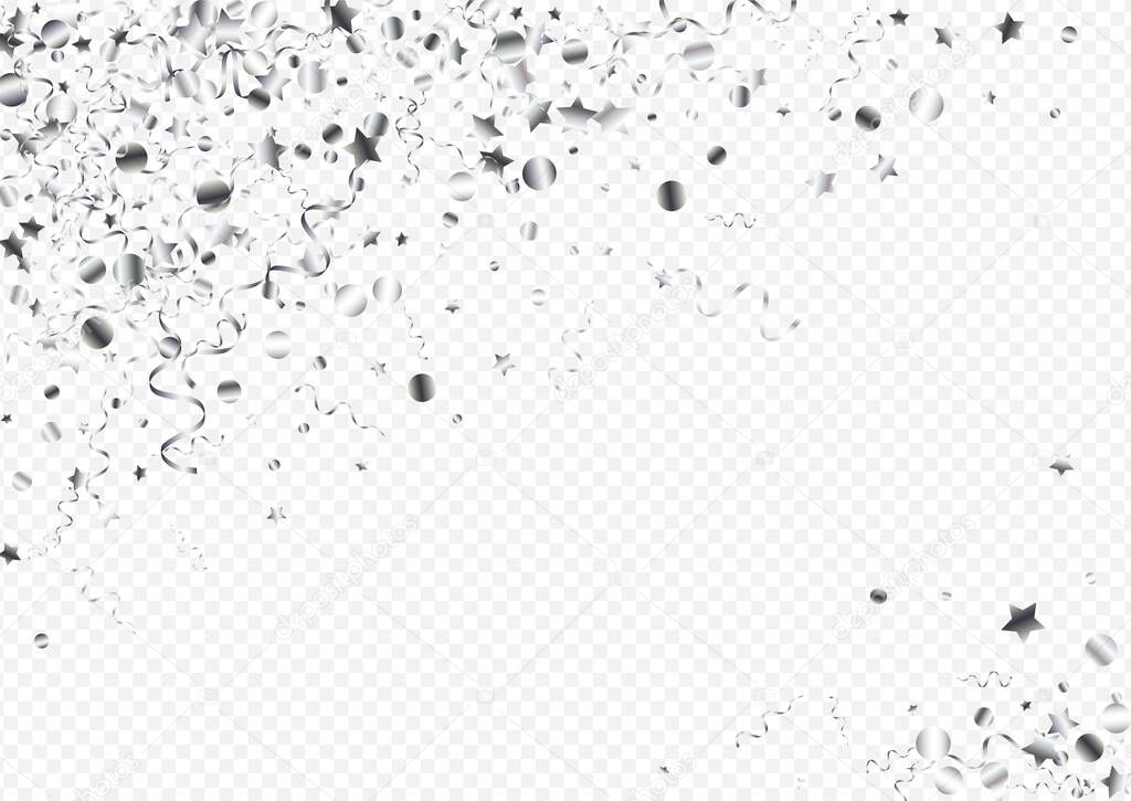 Silver Confetti Flying Vector Transparent Background. Celebrate Ribbon Invitation. Spiral Shiny Template. Silver Abstract Design.