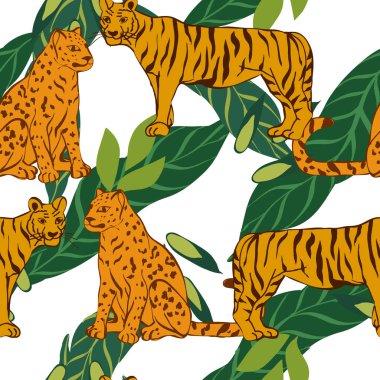 Çizgi film Jaguar ve Avuç içi Vektörü Kusursuz Desen. Egzotik Çita Çizimi. Soyut arkaplan. Tiger ve Leaves Parlak Vahşi Yazdırma.