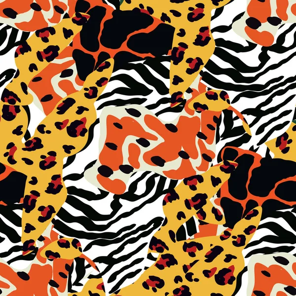 ミックスパンサースポットベクトルシームレスパターン ワイルドキャットプリント カラフルなアートファー Zebra Wallpaper タイガーモダンテクスチャ — ストックベクタ