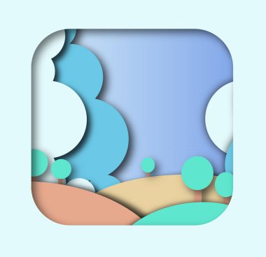 Kağıt kesiği, baharda park. Doğa ve Ekoloji. Mavi bulutlar ve kahverengi tümsekler. Yeşil ağaçlar.