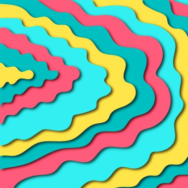 Kesik kağıt. Pembe, sarı ve mavi arka plan. Gölge. Düzgün çizgiler. Sıvı 3D Vektör