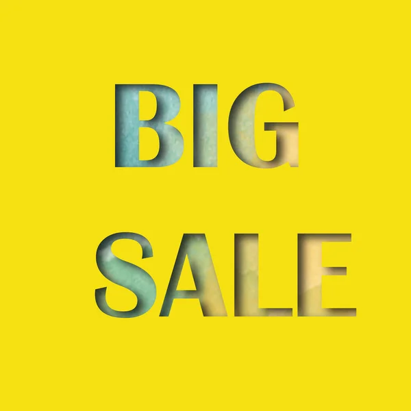 Big sale watercolor lettering tags. Yellow background. Paper cut style. Sales concept.