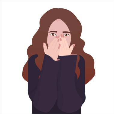 Cevap arayan üzgün bir kız, umutsuzluk konsepti. Bir kadın depresyondan muzdarip, avuçlarını umutsuzlukla kapatıp zor sorunları çözmeye çalışıyor. düz vektör.