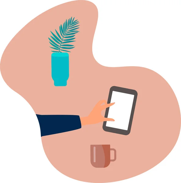 The hand of a girl or a guy uses a tablet, next to a cup and palm leaves in a vase. Flat vector style. handmade illustrations. Modern vector hand showing with fingers a tablet pc with white screen. — стоковый вектор