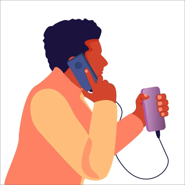 Αφροαμερικάνος Μιλάει Στο Τηλέφωνο Smartphone Φορτίζεται Εξωτερική Μπαταρία Διάνυσμα Χρώμα — Διανυσματικό Αρχείο