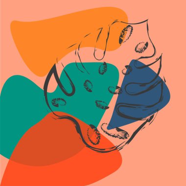 Boho tarzında vektör illüstrasyonu. Soyut suluboya geometrik denge şekilleri, bitkiler. Kapak tasarımı, duvar kağıdı, kartpostallar, sosyal ağlar, dekorasyon. Moda renkleri.