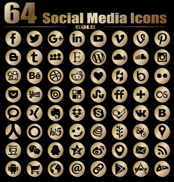 64 Round Gold Social Media Icons - Hight Quality Vector stock collection instant download — Stock Vector