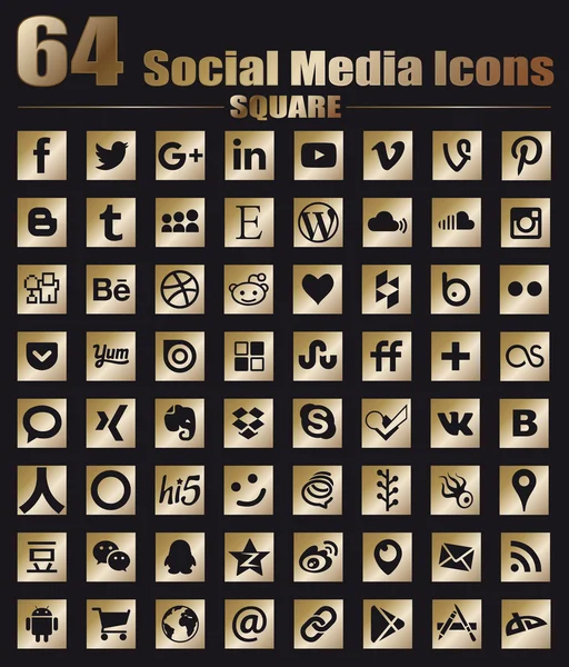 64 Square Gold Flat Social Media Icons - Hight Quality Vector stock collection — Stock Vector