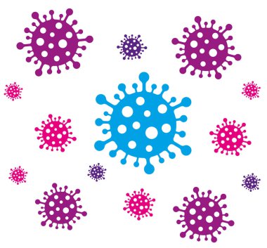 Güzel Covid 19, düz mor ve morumsu bir virüs çizimi, siyah bir arkaplanda izole edilmiş, koronavirüs vektörü, uyarı ve afiş için kullanışlı, basım ve grafik için hazır.