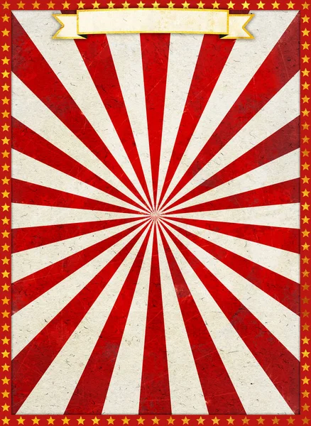 Vintage circus poster blank background with a a nice banner for venue and claims and luxury frame border and golden stars over a red sunbeams tent pattern in retro style, useful for festivals, shows, events, birthday parties, weddings, cards, posters