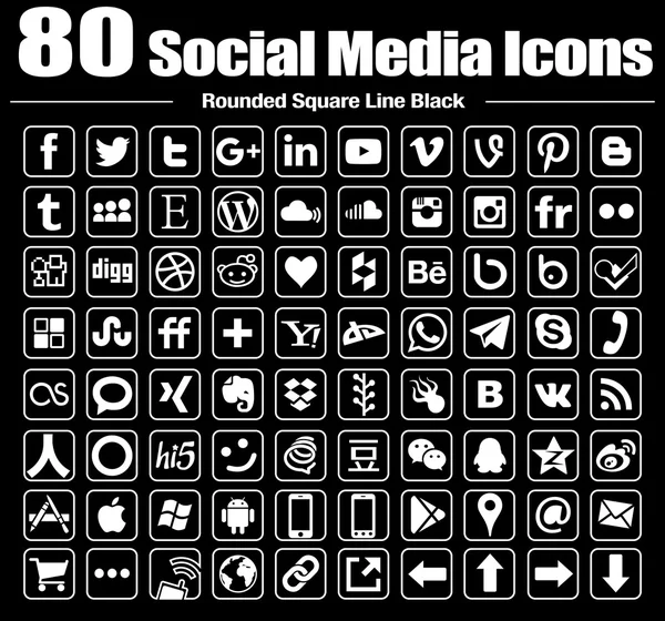 80 Rounded Square Line Social Media Icons — Zdjęcie stockowe