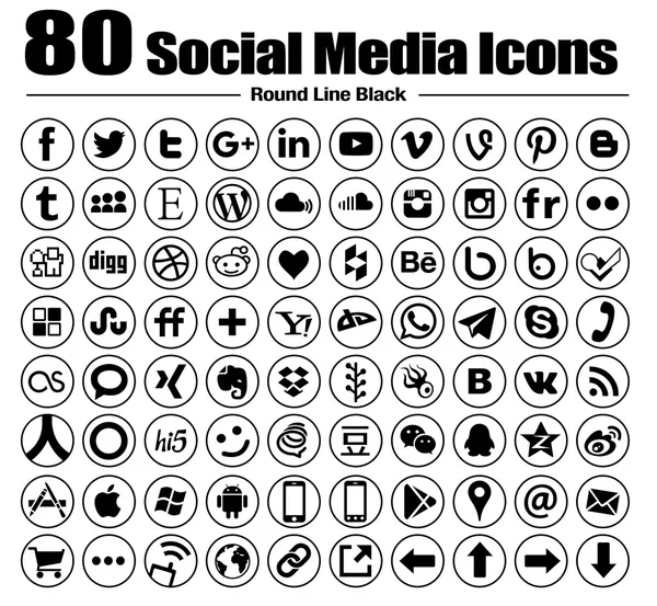 80 nuevos iconos de redes sociales de círculo de línea —  Fotos de Stock