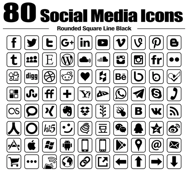 80 Iconos de Redes Sociales de Línea Cuadrada Redonda — Foto de Stock