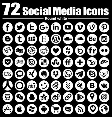 Sosyal Medya Icons - vektör, siyah ve beyaz, şeffaf arka plan 72 yeni yuvarlak