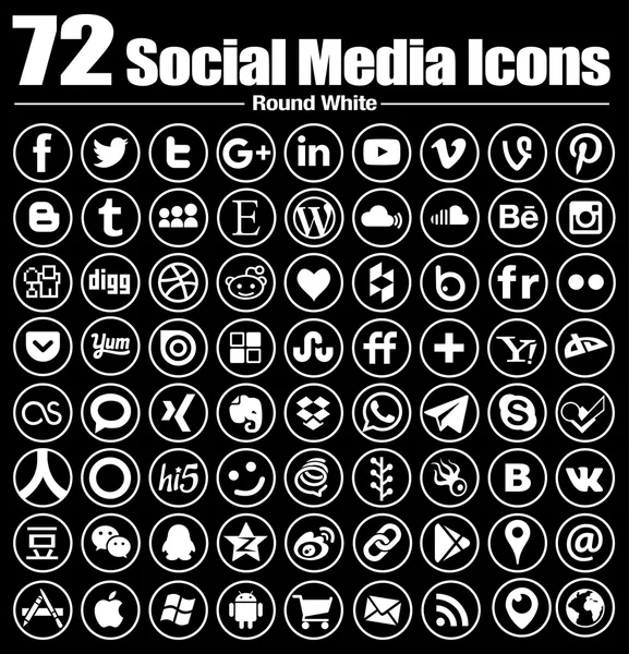 72 iconos de redes sociales nuevo Circle Line Flat - Vector, Fondo blanco y negro, transparente - el debe tener un conjunto de iconos de círculo completo — Vector de stock