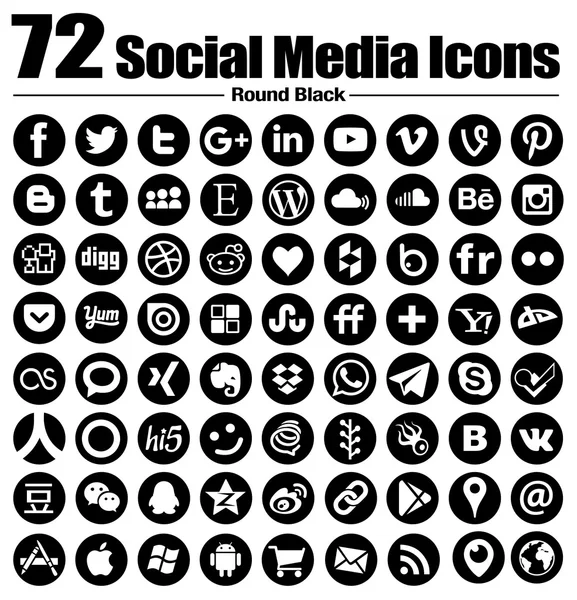 72 neue runde Social-Media-Icons - Vektor, schwarz-weiß, transparenter Hintergrund - das absolute Kreis-Icon-Set — Stockvektor