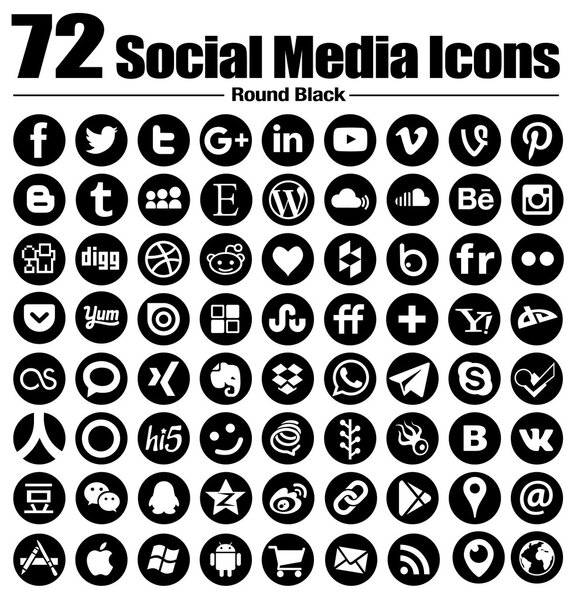 72 nuevos iconos de redes sociales redondas - Vector, Fondo blanco y negro, transparente - el debe tener un conjunto de iconos de círculo completo — Vector de stock