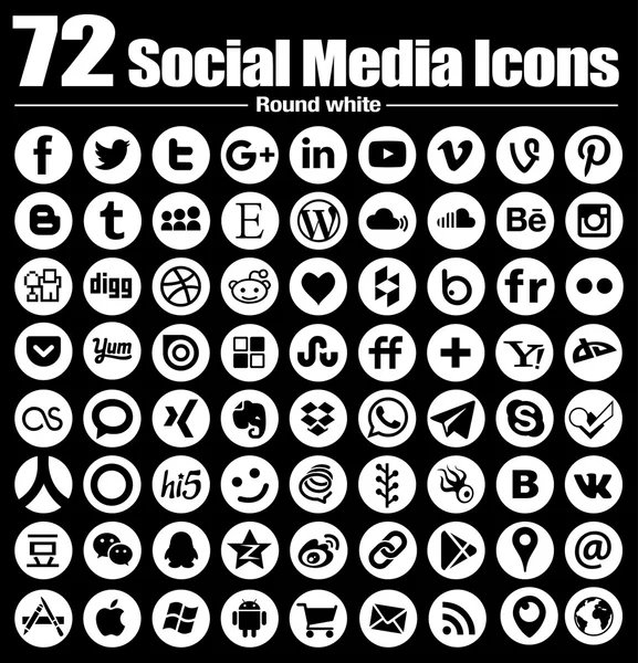 72 nieuwe ronde sociale media iconen - Vector, zwart en wit, transparante achtergrond — Stockvector