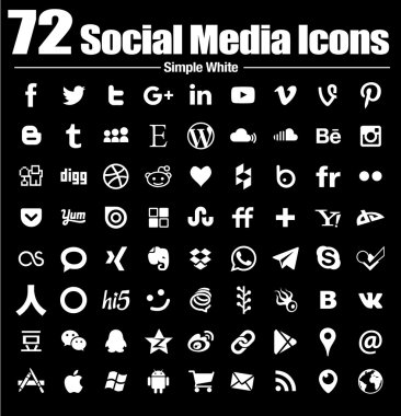 72 social media icons new simple Flat - Vector, Black and white, transparent background clipart
