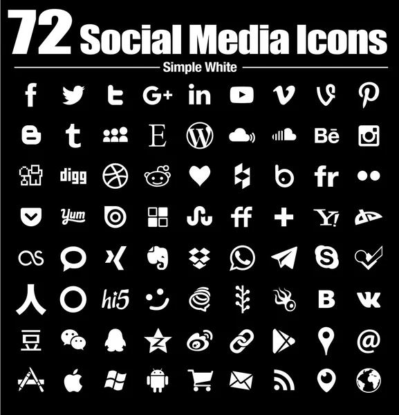 72 social media icons new simple Flat - Vector, Black and white, transparent background — Stock Vector