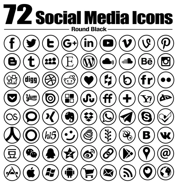 72 icone dei social media nuova Circle Line Flat - Sfondo vettoriale, bianco e nero, trasparente - il set completo di icone a cerchio — Vettoriale Stock