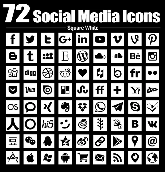 72 social media icons new Square Flat - Vector, Black and white, transparent background - the must have complete circle icon set — Stock Vector