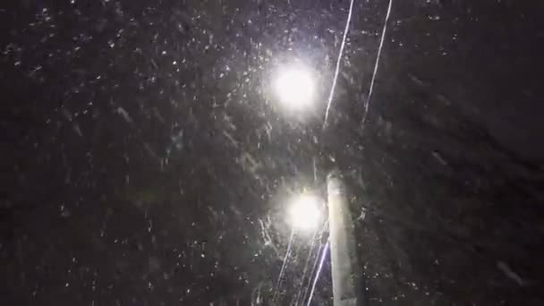 Sneeuw valt in het licht van een straatlamp op een paal — Stockvideo