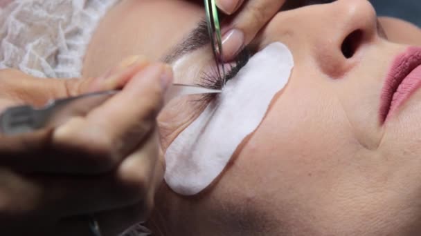 In a beauty salon a woman undergoes an eyelash extension procedure — Stock Video